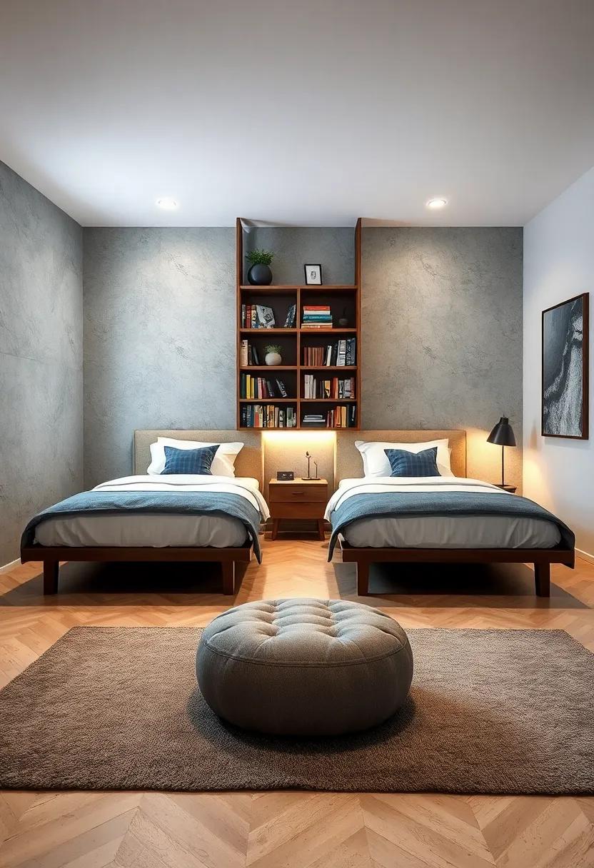 Two Cozy Twin Beds Separated By A Tall Bookshelf Packed With Books And Personal Memorabilia For Boys