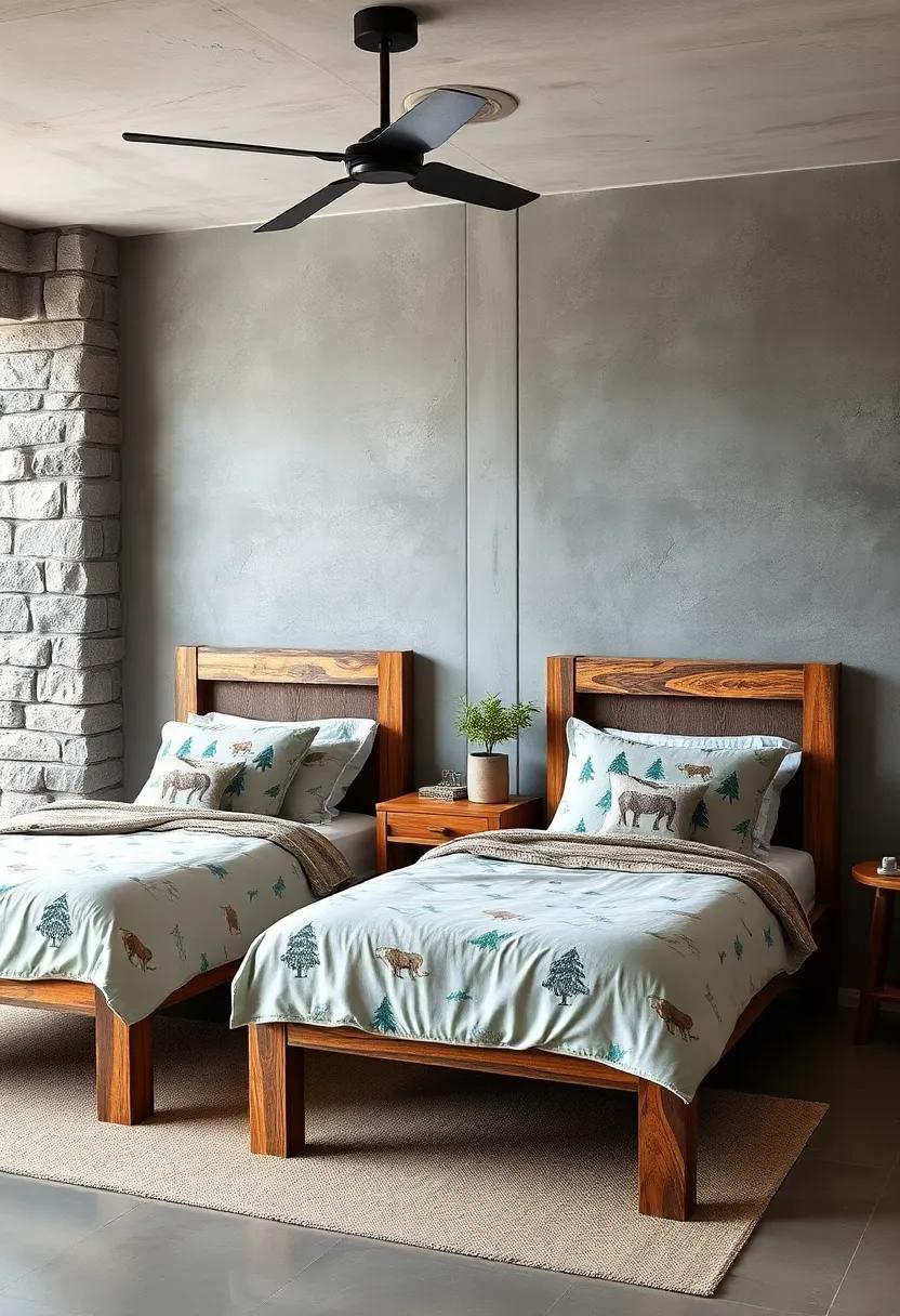 Rustic Wood Framed Twin Beds Paired With Adventure Themed Bedding In A Nature Inspired Boys Space