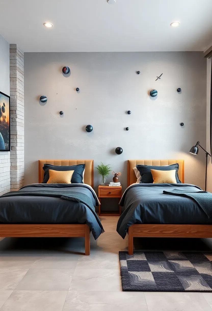 A Calm Shared Room With Twin Beds In Muted Tones And Coordinated Wall Decals Inspired By Outer Space