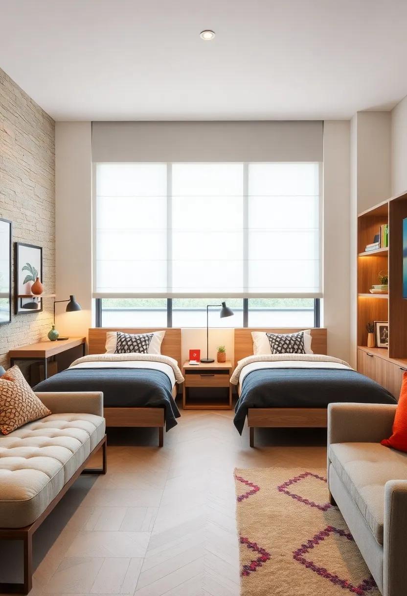 A Shared Bedroom Designed for Two Boys Featuring Twin Beds And Coordinated Workspace Areas