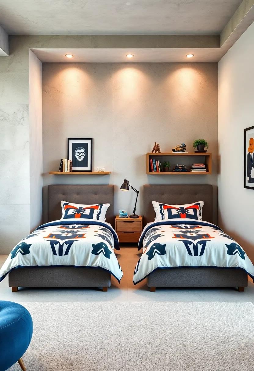 Twin Beds With Bold Graphic Bedding Set In A Room Accented With Metallic Details And Toy Displays