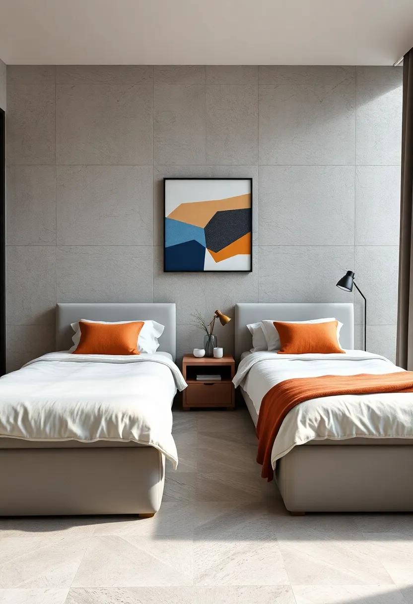 A Contemporary Boys Bedroom Featuring Minimalist Twin Beds Complemented By Geometric Wall Art