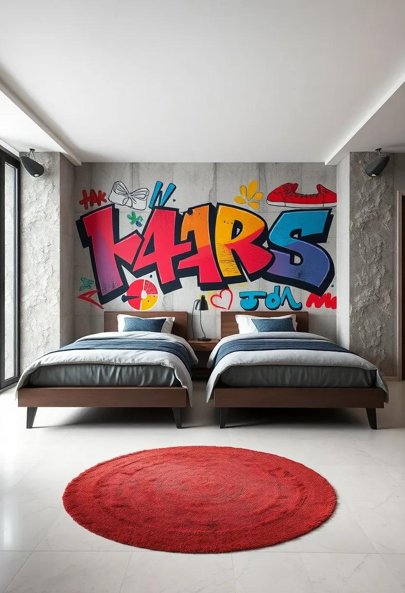 Modern Artistic Shared Bedroom With Twin Beds Against A Vibrant Graffiti Style Wall Mural