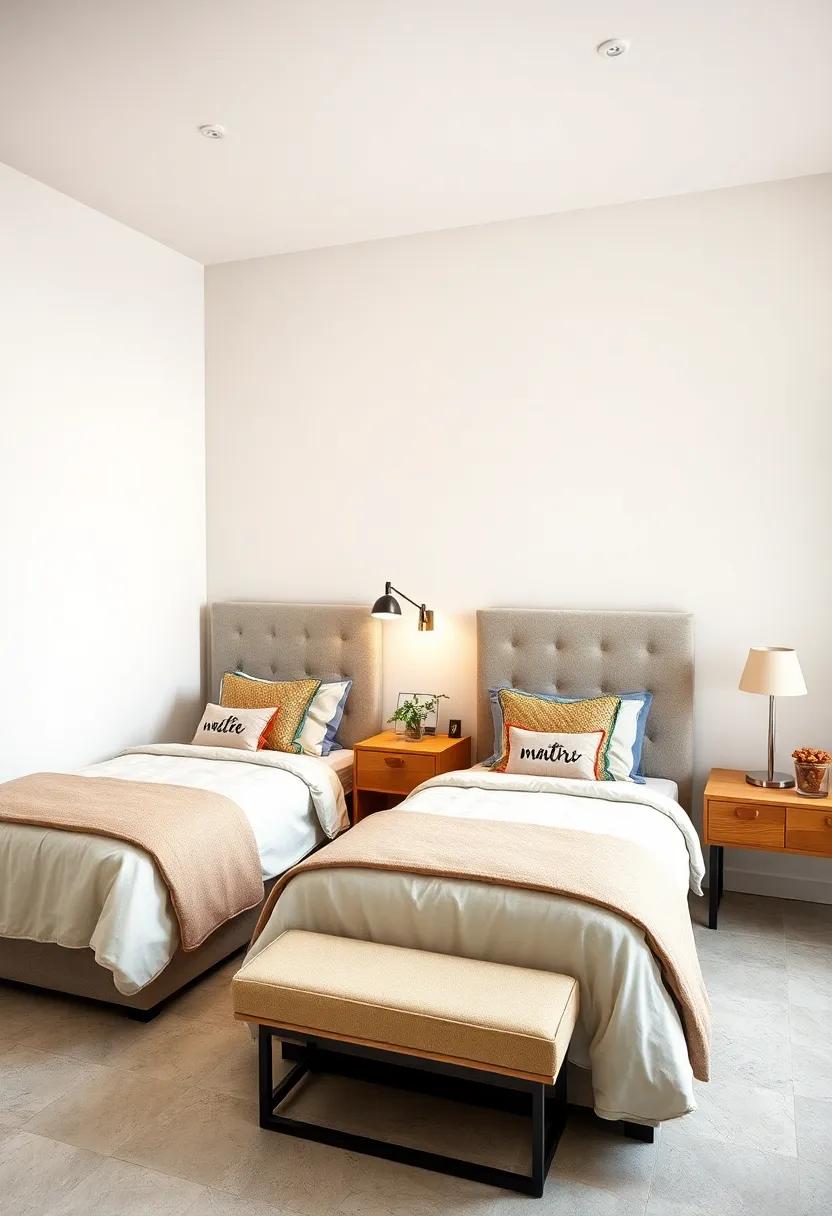 A Bright Shared Bedroom Showcasing Twin Beds With Coordinated Bedding And Custom Name Plaques