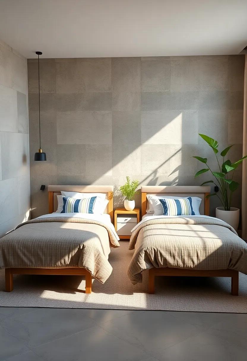Twins Sharing A Bedroom With Coordinated Bedding Highlighted By Soft Natural Lighting And Greenery