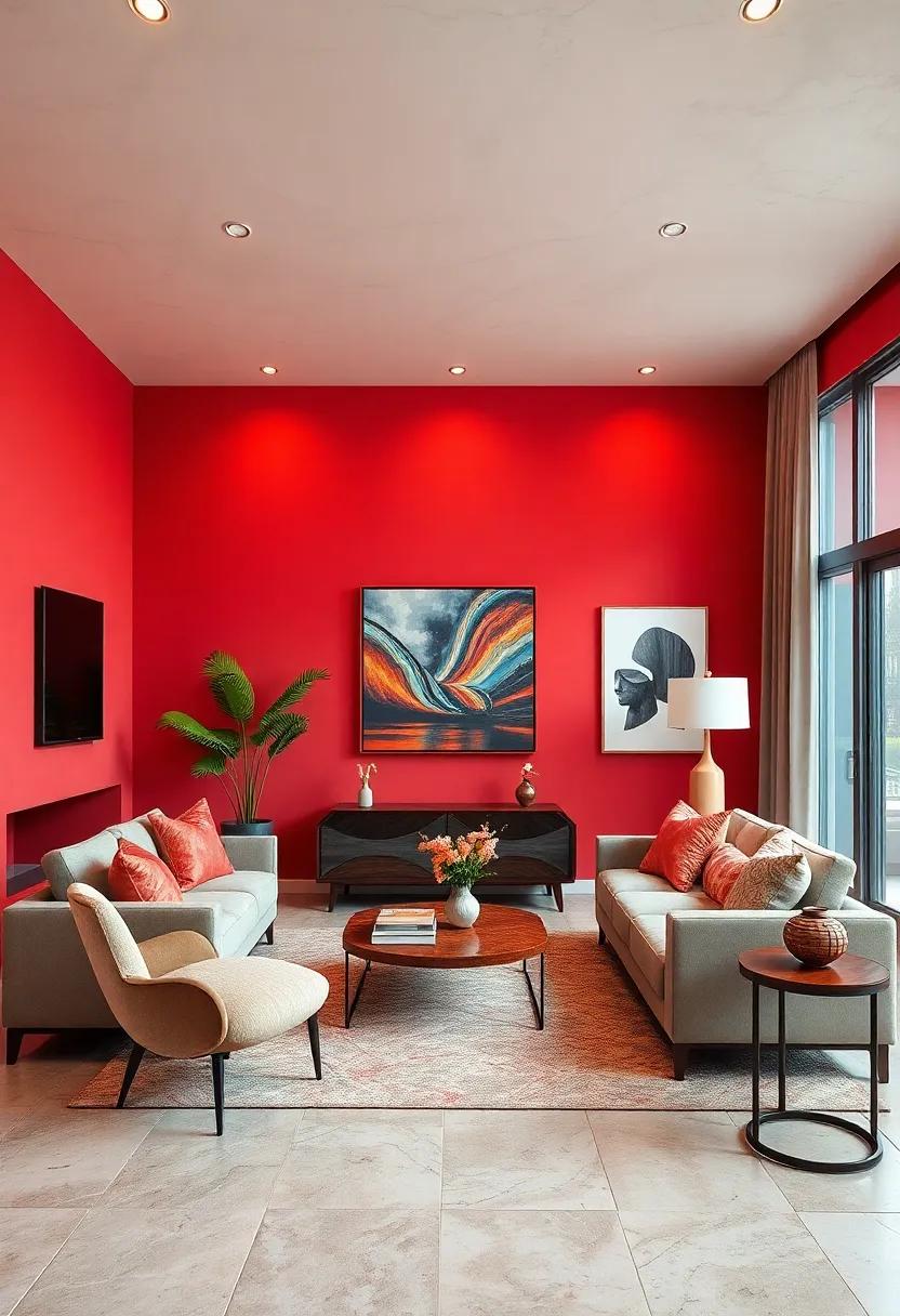 Vibrant Coral Walls Bringing Warmth and Energy to Contemporary Living Room Interiors