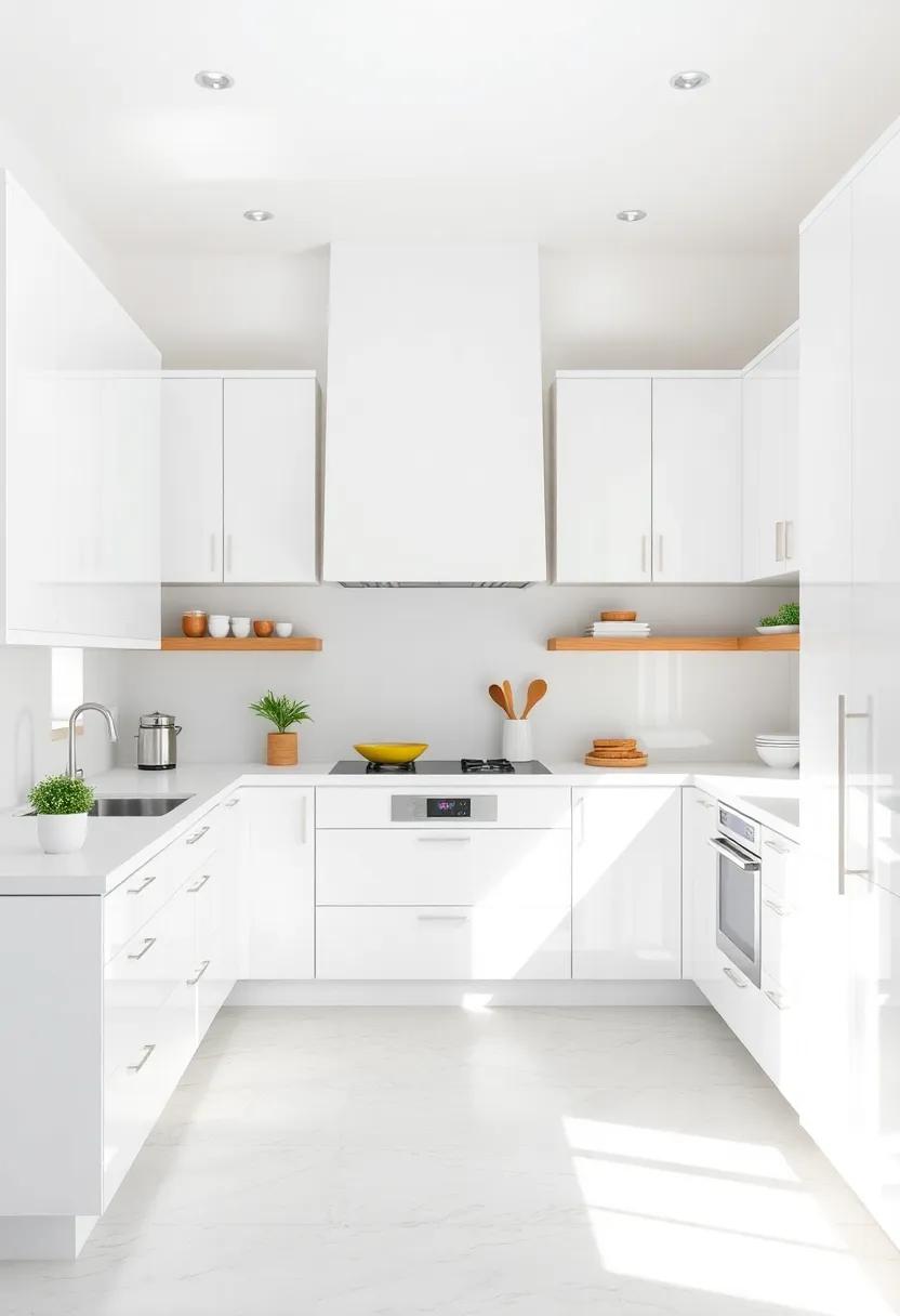 Bright White Cabinets With Glossy Finishes Reflecting Natural Light in a Spacious Modern Kitchen