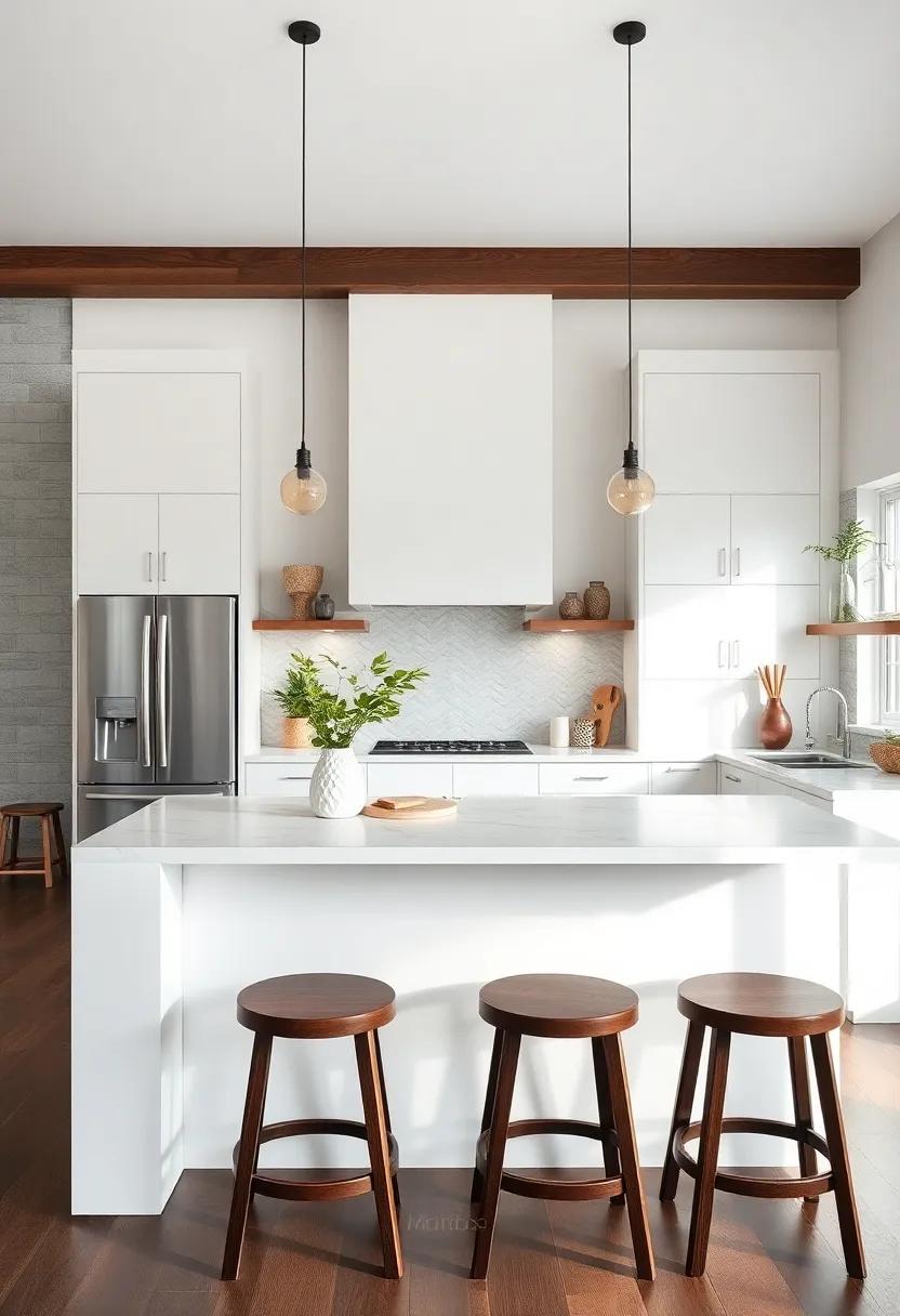Contrasting Dark Wood Stools Against a White Kitchen Island for Bold Visual Interest