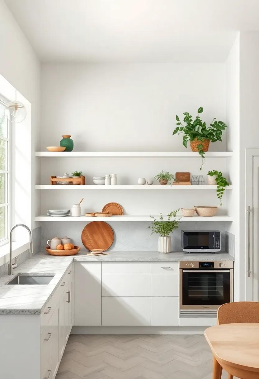 Elegant Open White Kitchen Shelves Styled With Greenery and Natural Materials for Balance