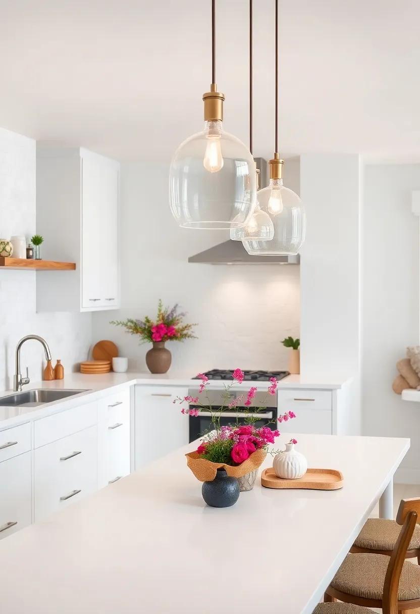 Glass Pendant Lighting Over White Countertops Casting Gentle Illumination and Elegance