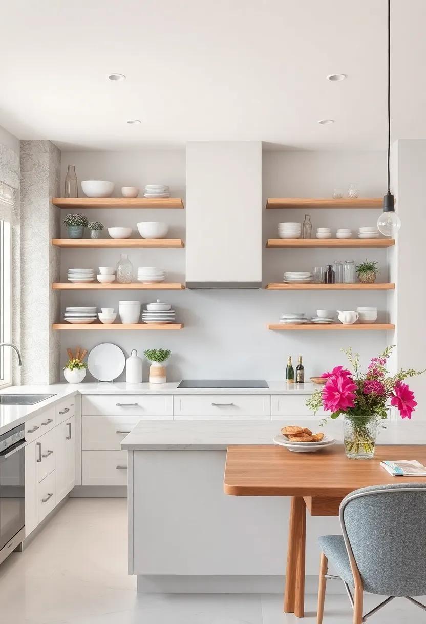 Open Shelving Displaying White Porcelain and Glassware for an Airy, Inviting Kitchen Vibe