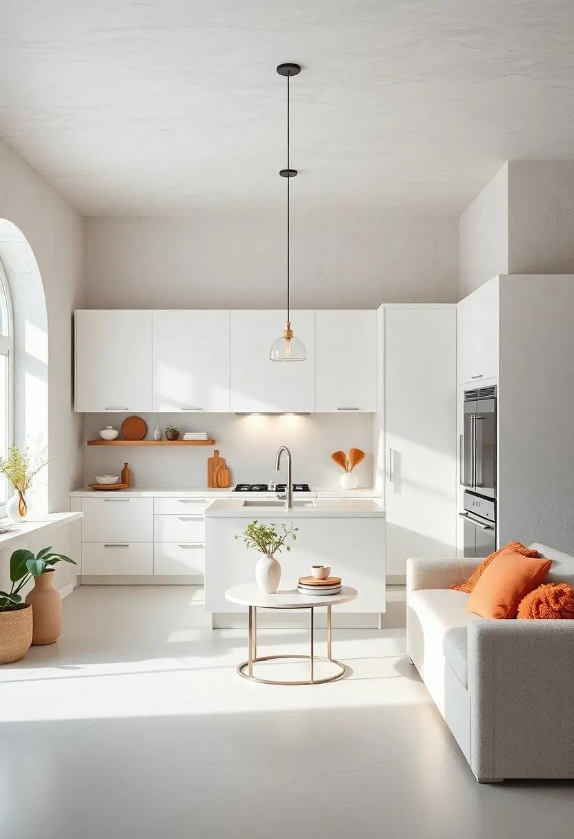 Soft Ambient Lighting Highlighting the Serene Mood of an All-White Kitchen Space