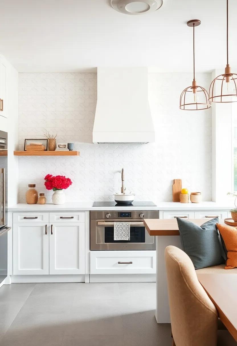 White Subway Tile Backsplash Laid in Herringbone Pattern Adding Texture to a Clean Design