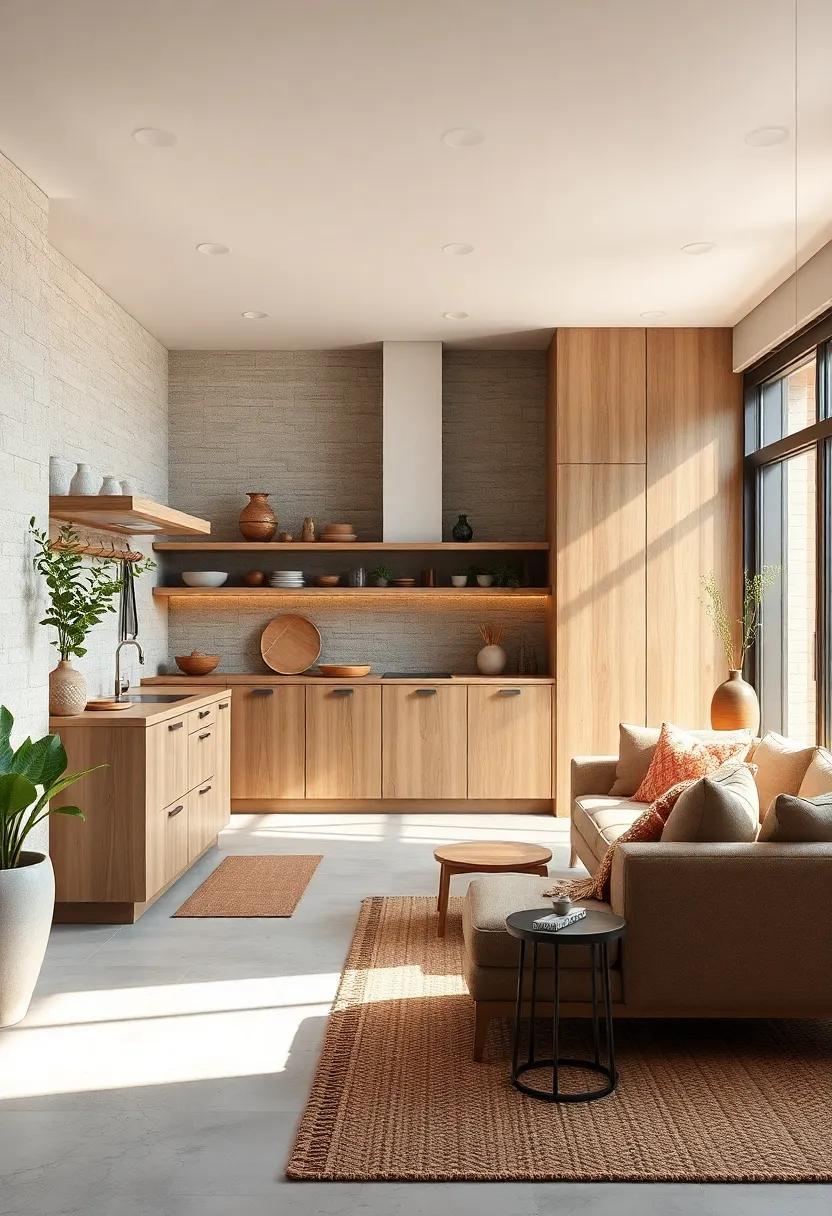 Blended Elements of Smooth Sanded Wood with Rough Bark Textures and Natural Fiber Rugs