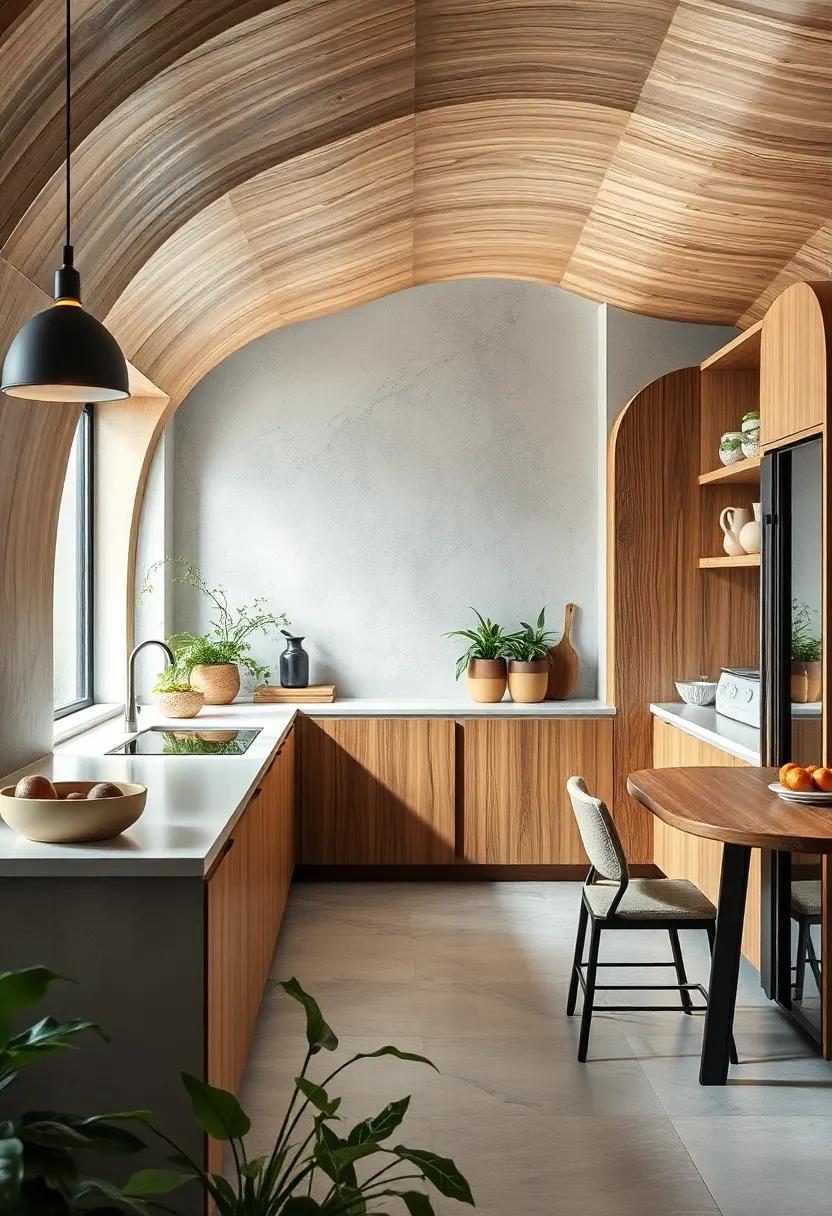 Curved Wooden Features Evoking Organic Forms Nestled Among Leafy Kitchen Greenery