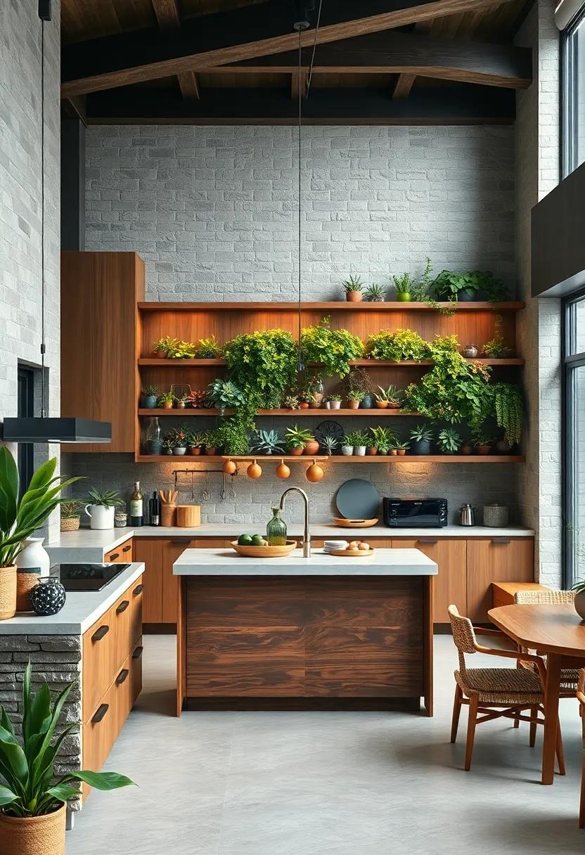 Dramatic Contrast of Dark Stained Beams Against Bright Living Walls Filled with Succulents