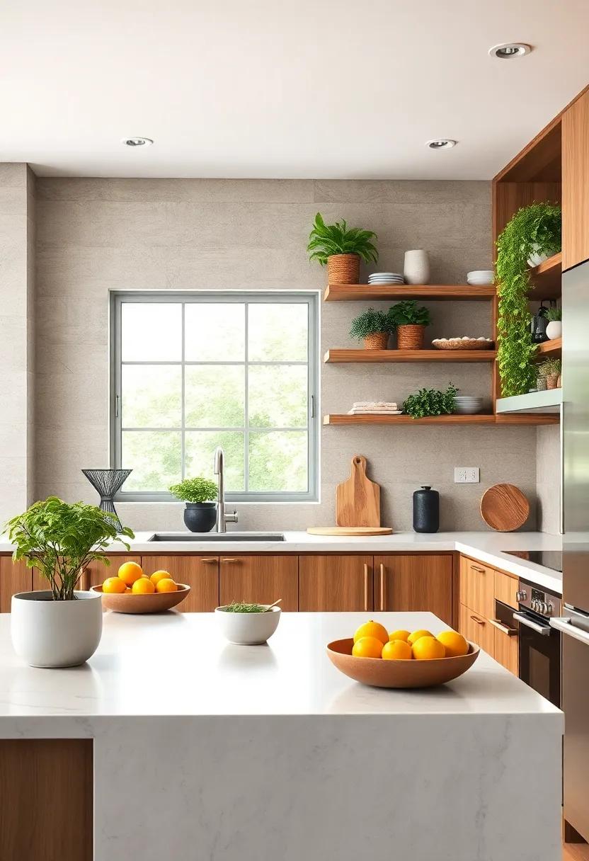 Open Shelving Made from Reclaimed Wood Surrounding Potted Herbs and Fresh Citrus Bowls