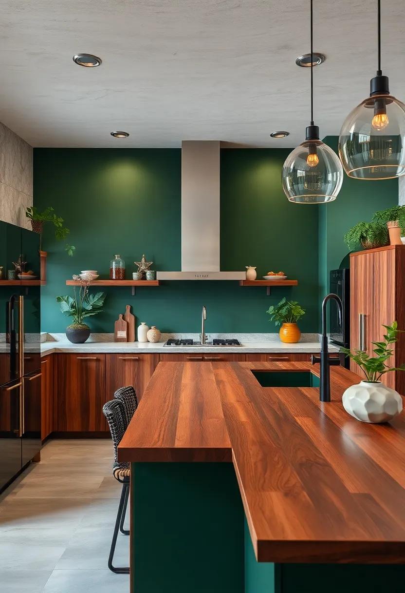 Rustic Meets Modern with Polished Cherry Wood Counters and Matte Green Painted Walls