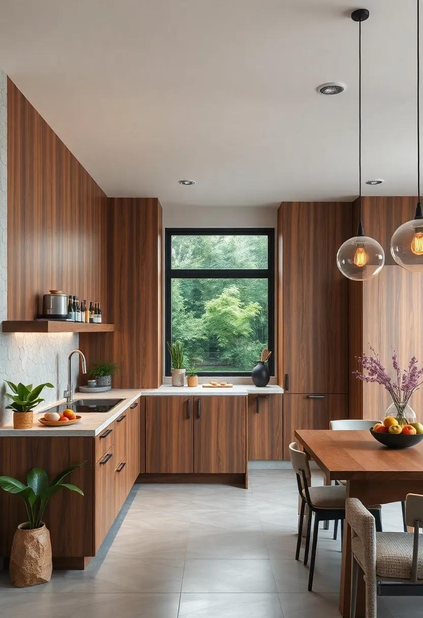 Soft Glow of Pendant Lights Bouncing Off Rich Walnut Panels and Verdant Kitchen Corners