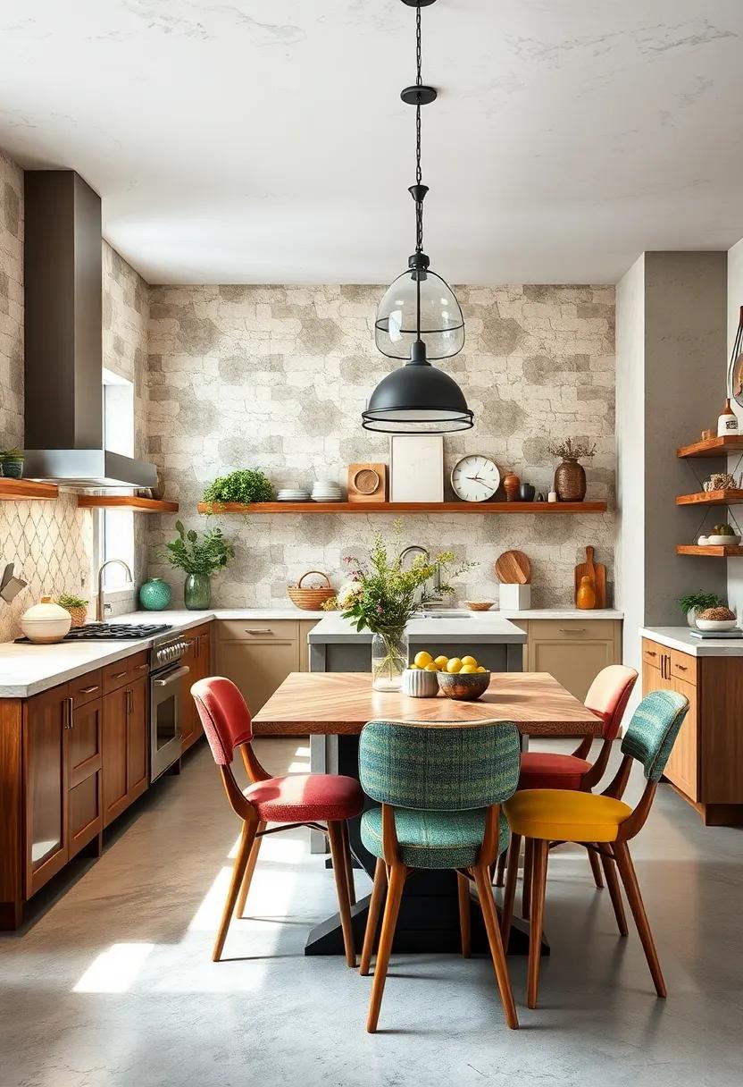 Creative Use Of Mismatched Chairs And Bar Stools To Infuse Personality Around The Kitchen Dining Area