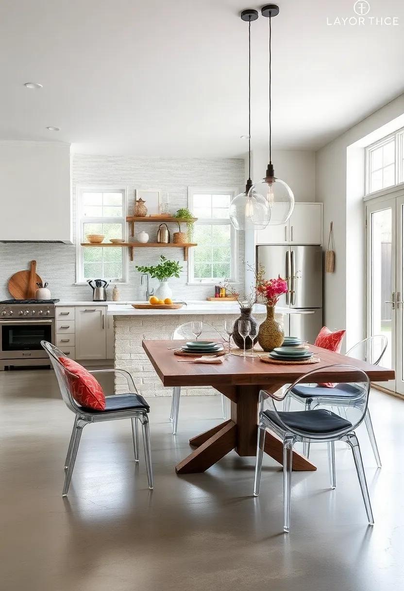 Rustic Farmhouse Tables Paired With Sleek Acrylic Seating For A Bold Eclectic Dining Statement