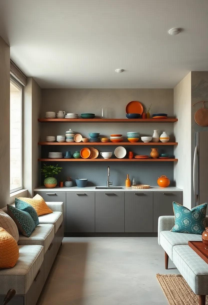 Curating A Collection Of Colorful Ceramic Dinnerware Displayed On Floating Shelves For Artful Storage