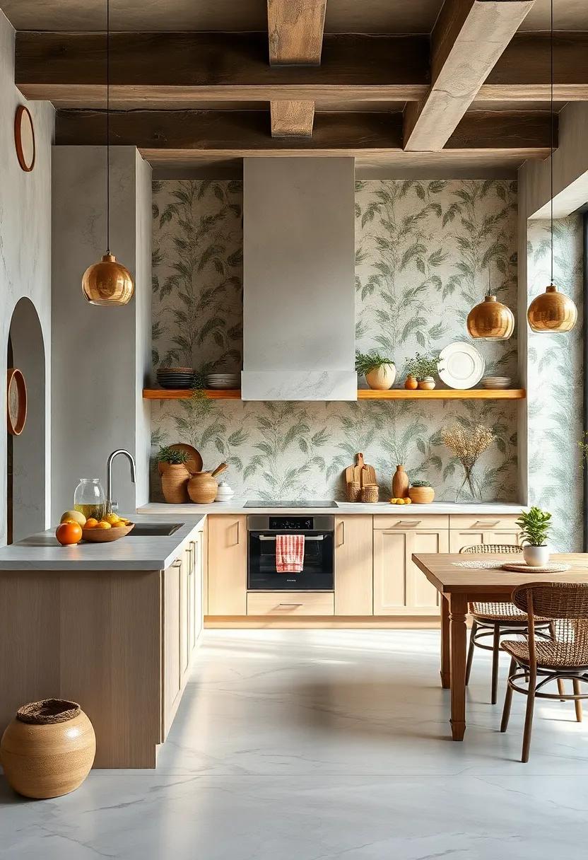 Bold Wallpaper Designs Featuring Botanical Prints Against Neutral Walls To Enrich The Eclectic Kitchen Look