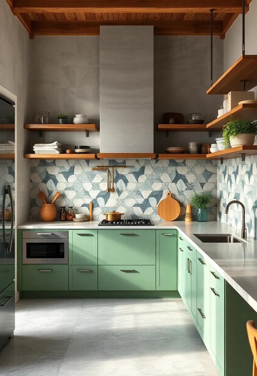 Statement Backsplashes Using Hand-Painted Tiles Paired With Minimalist Open Shelving For Balanced Visual Interest