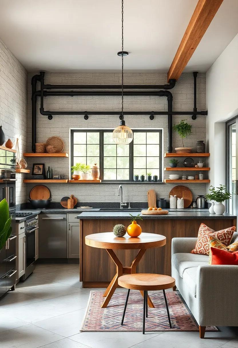 Contrasting Open Industrial Pipe Racks With Natural Wood Elements To Balance Raw And Refined Kitchen Features