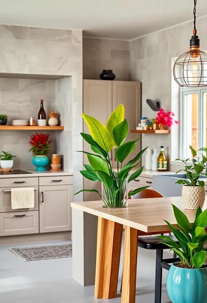 Exotic Indoor Plants In Unique Containers To Bring Life And Color To Eclectic Kitchen Corners