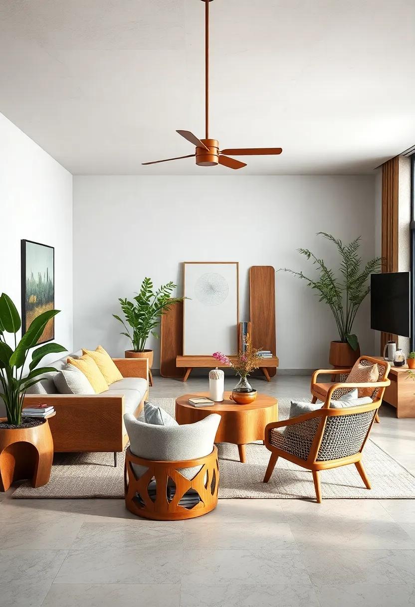 Organic Shapes in Natural Wood Furniture Evoking Calm in Eclectic Living Rooms