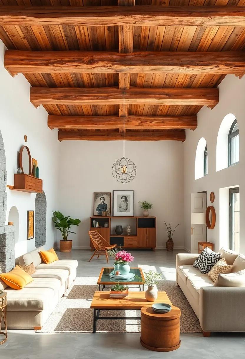 Contrasting White Walls with Natural Wooden Ceiling Beams for Visual Interest and Warmth