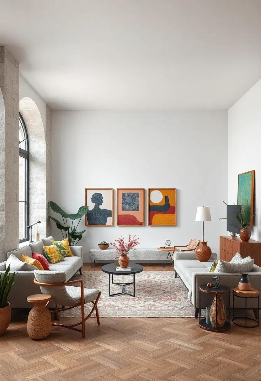 Natural Wood Frames Surrounding Eclectic Artworks for Cohesive Visual Flow