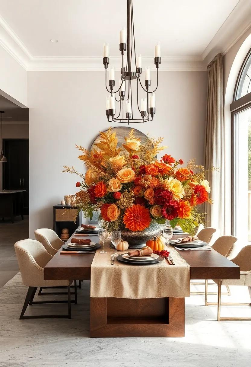 Oversized Floral Arrangements In Warm Tones Positioned As Dramatic Centerpieces On An Expansive Dining Table