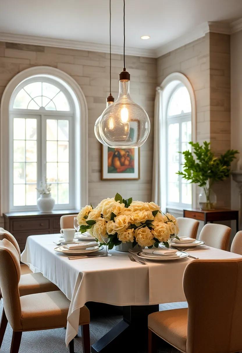 Hand-Blown Glass Pendant Lamps Hanging Over A Thanksgiving Table Styled With Crisp White Linens And Fresh Hydrangeas