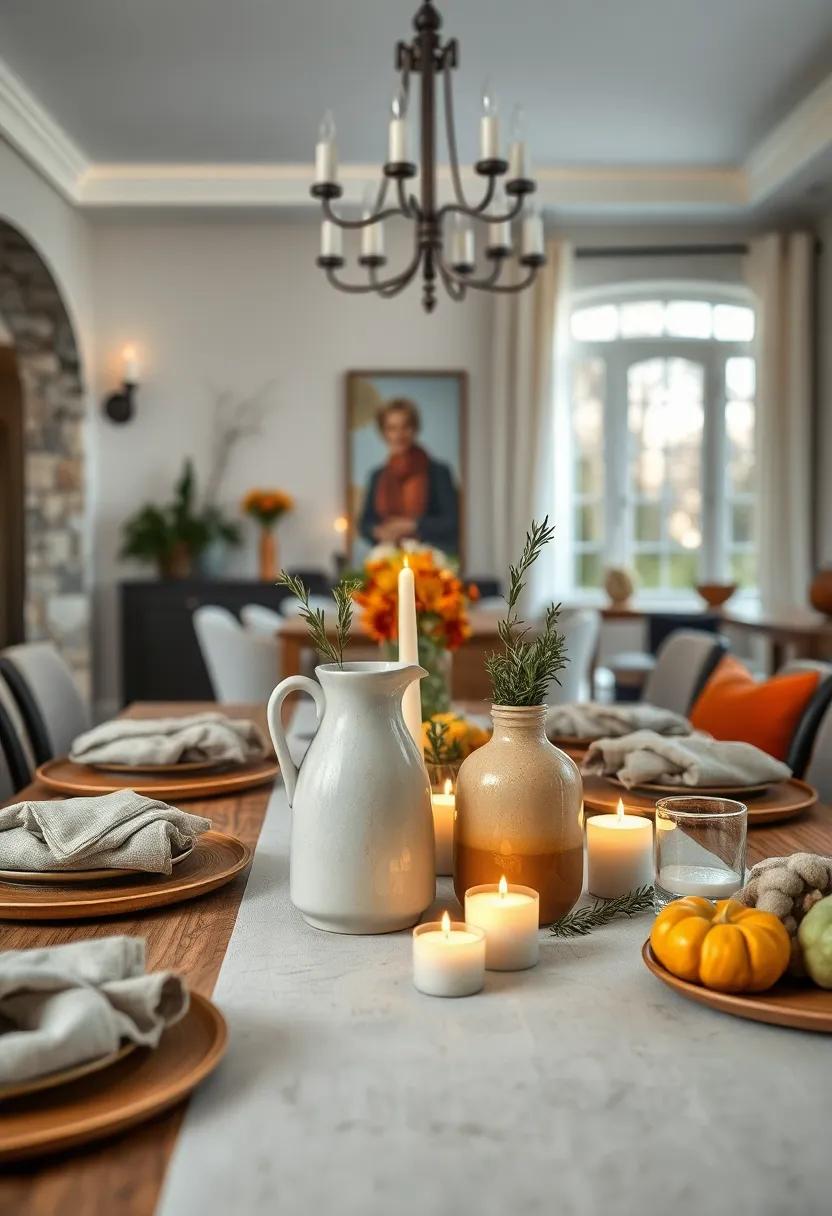 Handcrafted Ceramic Pitchers Filled With Spiced Apple Cider Surrounded By Candles And Fresh Sprigs Of Rosemary