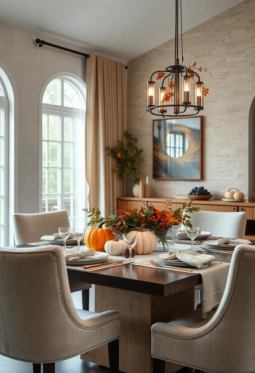 Natural Foliage Arrangements Featuring Pumpkin Gourds, Oak Leaves, And Berries Bringing The Outdoors Inside