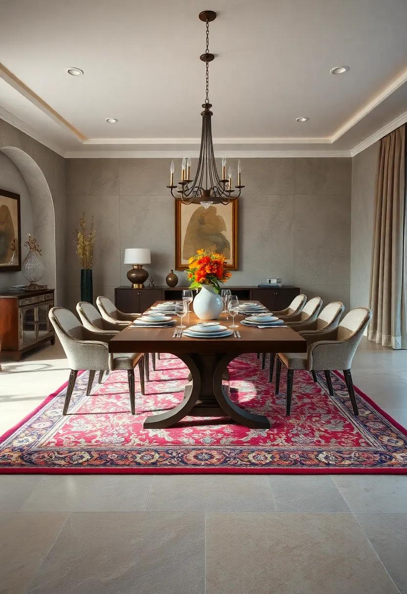 Ornate Turkish Rugs Layered Beneath A Long Mahogany Table In A Dining Room Blending Old World And Modern Elegance