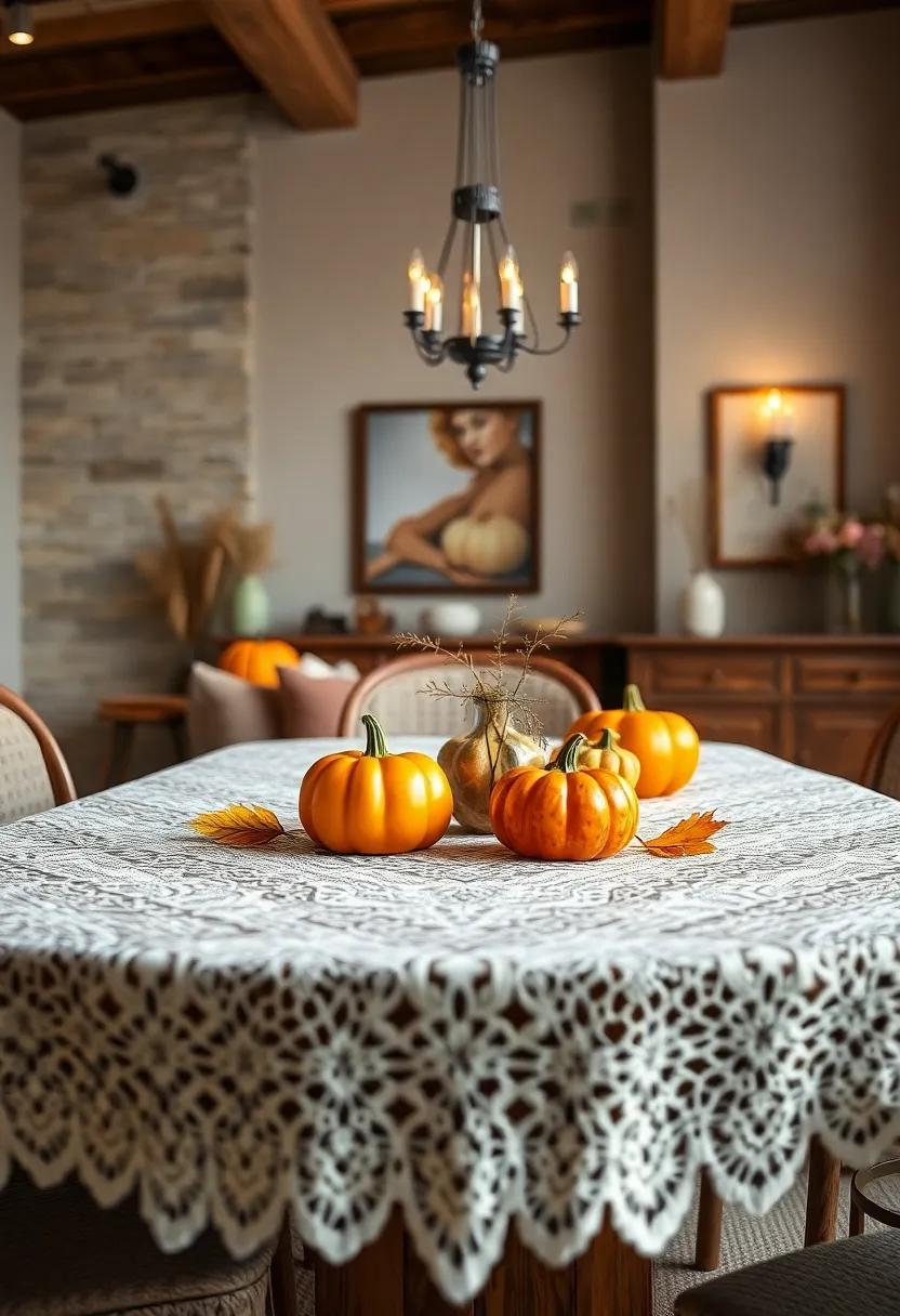 Intricate Lace Tablecloth Draped Over An Antique Oak Table Set With Porcelain Pumpkin Salt And Pepper Shakers