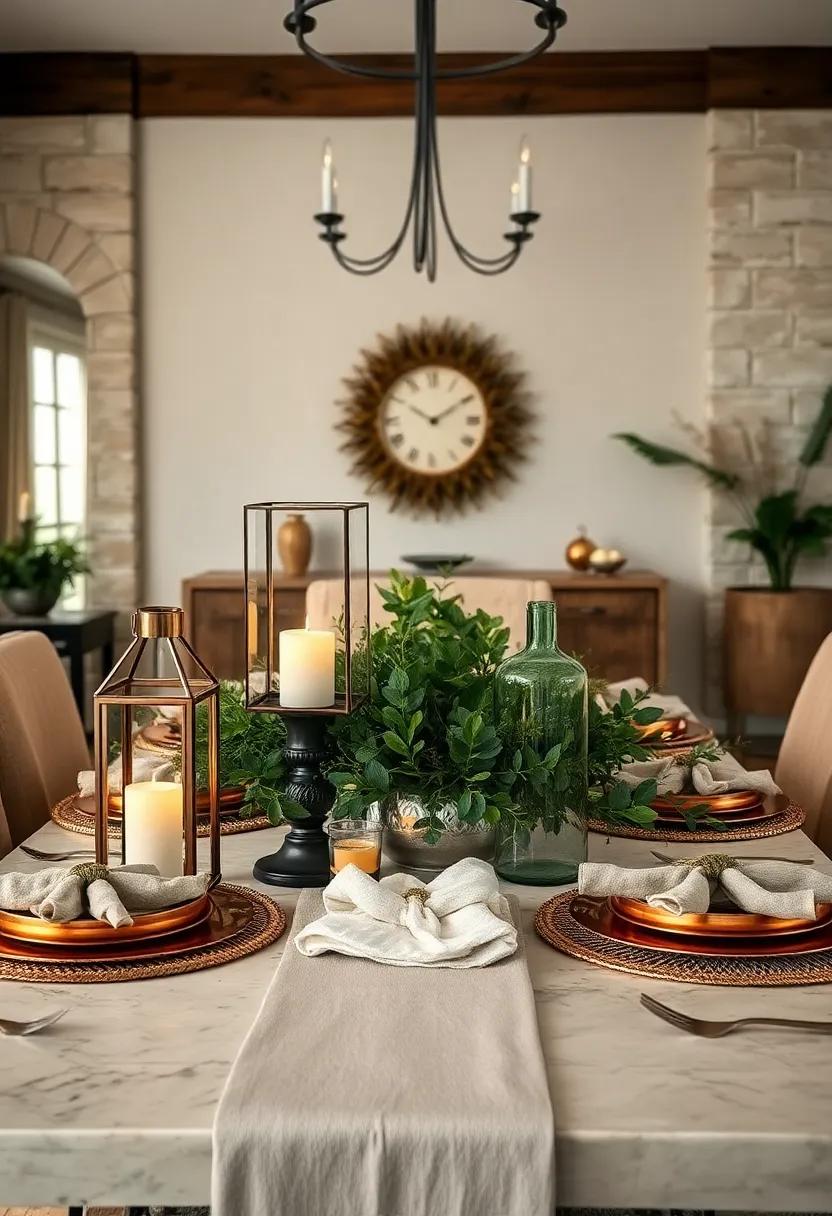 Soft Candle Glow In Decorative Lanterns Cast Across Copper Chargers And Deep Green Foliage Arrangements
