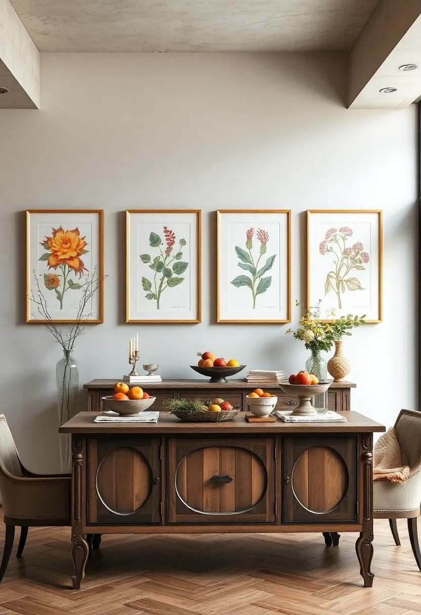 Vintage Botanical Prints Framed On Walls Complementing An Antique Sideboard Displaying Seasonal Fruit Bowls