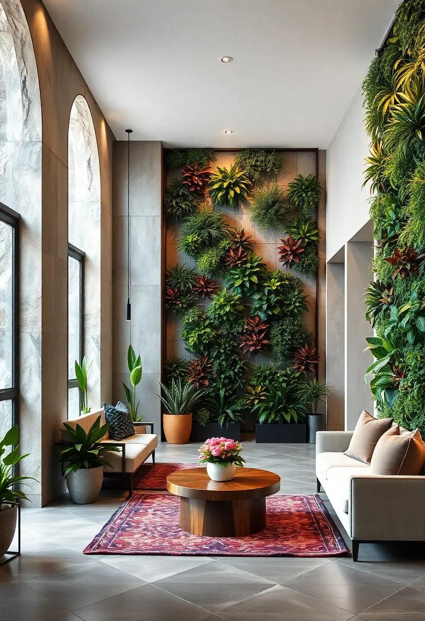 Bold Geometric Patterns Furnished by Vertical Wall Gardens Using Varied Plant Shapes and Rich Color Palettes
