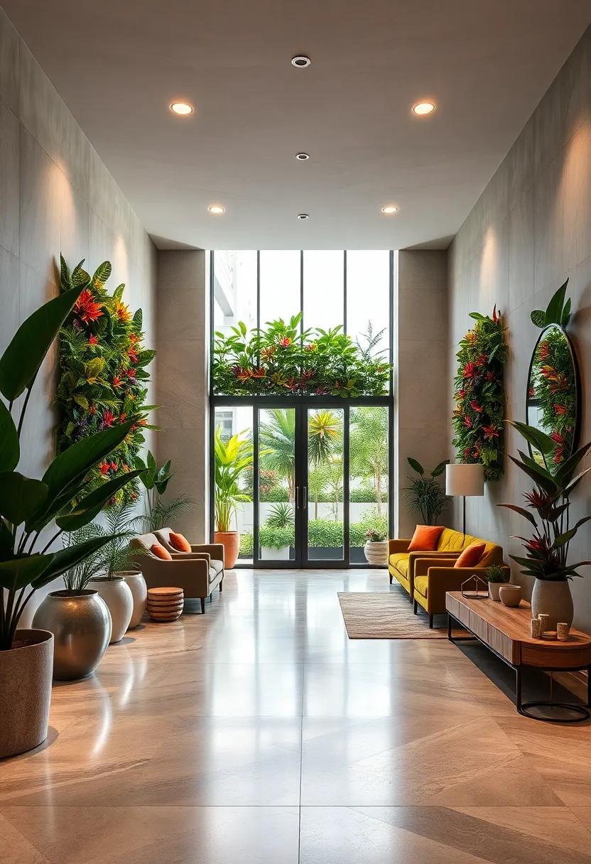 Bold Vertical Garden Installations Featuring Tropical Palms and Colorful Bromeliads to Welcome Guests Warmly