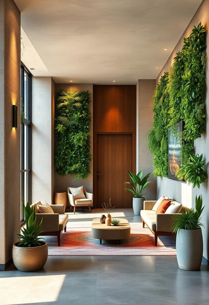 An Eco-Friendly Statement With Vertical Gardens Showcasing Native Plants and Recycled Planters at the Entrance