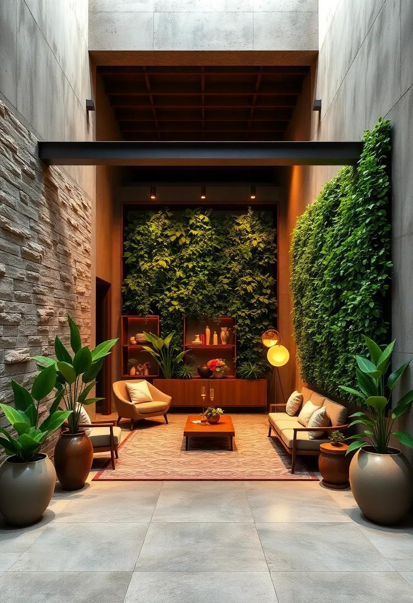The Harmonious Blend of Rustic Metal Structures and Vertical Green Walls Bringing Vibrancy to Outdoor Entries