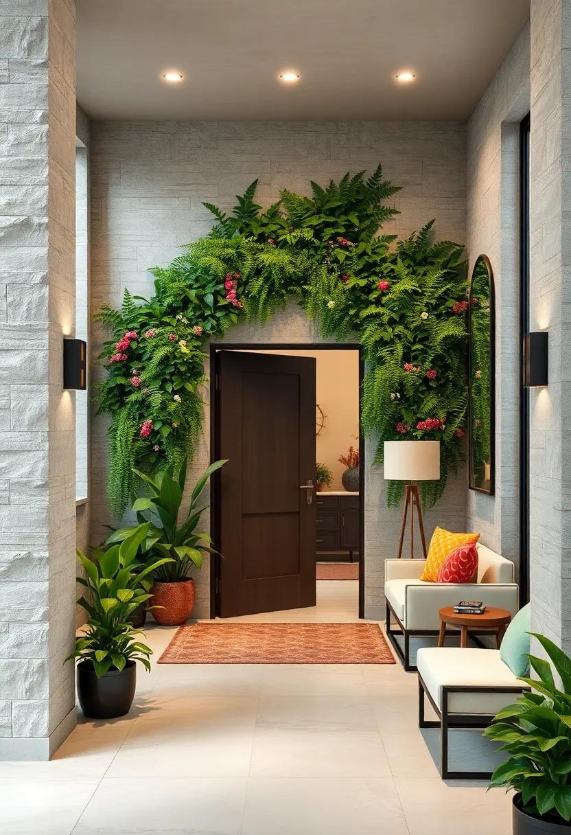 Textural Delight Created by Vertical Wall Gardens Using Ferns, Ivy, and Flowering Shrubs Surrounding Doorways