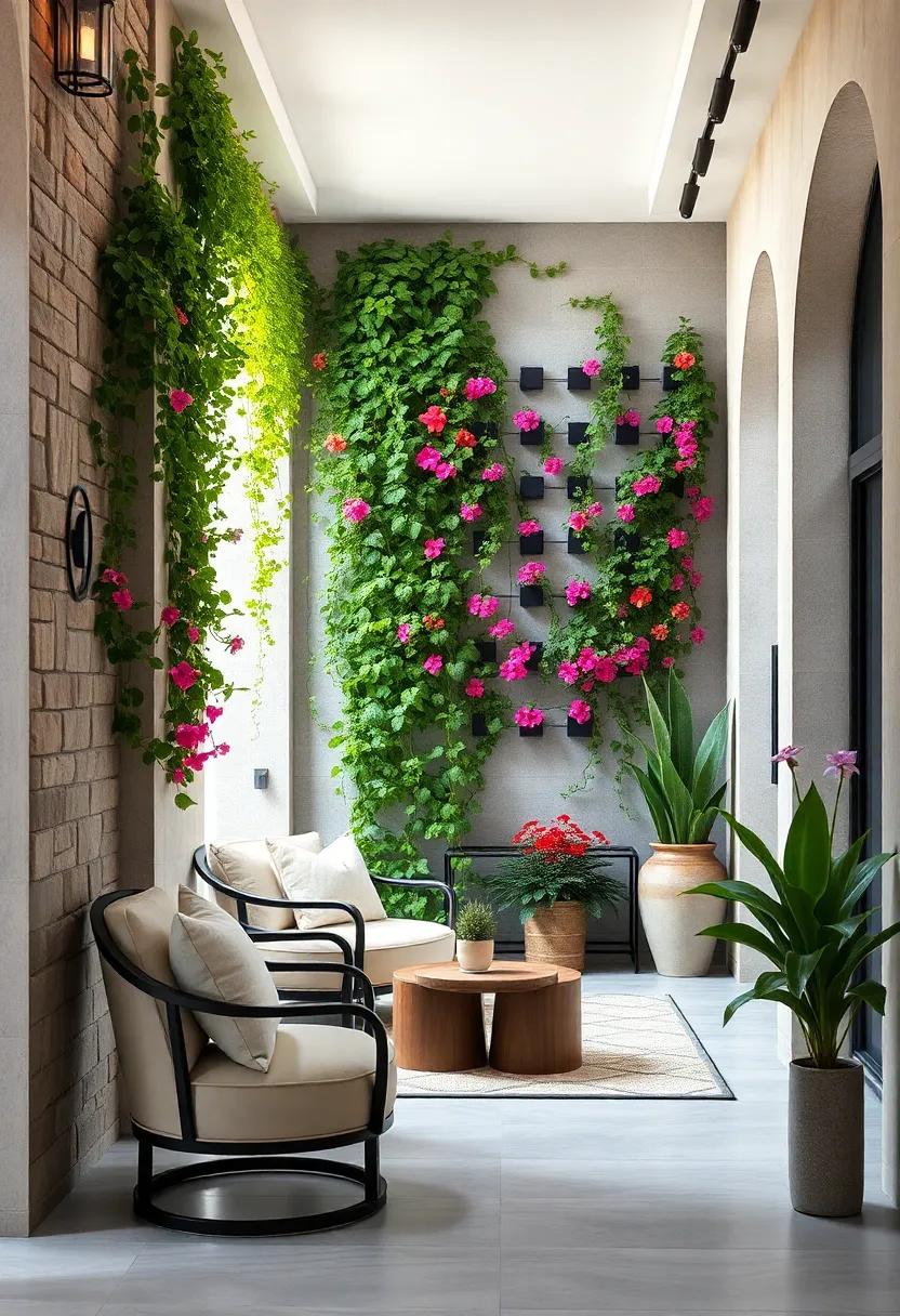 The Tranquil Beauty of Vertical Wall Gardens Featuring Cascading Vines and Vibrant Flowers in a Welcoming Entryway