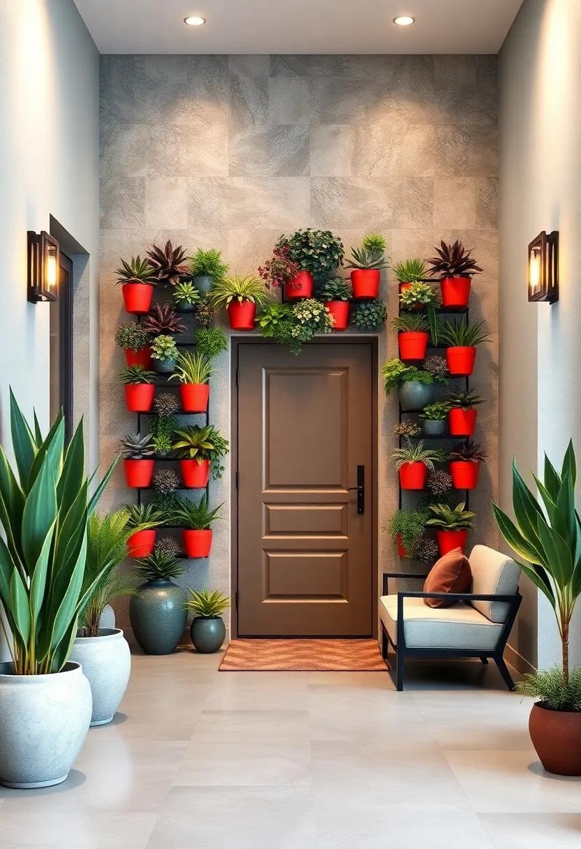 A Vertical Garden Gallery Displaying Succulent Arrangements in Vibrant Pots Framing a Contemporary Front Door