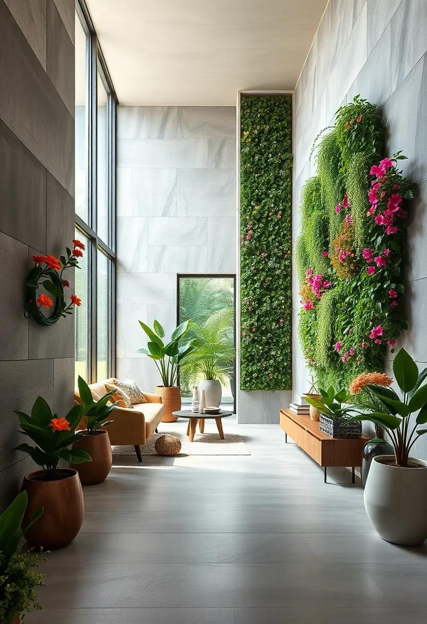 Vertical Walls Layered With Different Shades of Green and Accented by Bright Flowers for a Refreshing Entryway Mood
