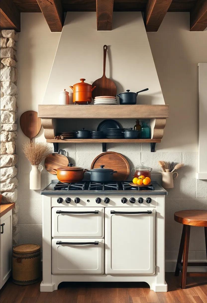 Antique Cast Iron Cookware Displayed Proudly Above a White Farmhouse Stove